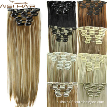 Aisi Hair 24 inch Synthetic Clip in Hair Extension 16 Clips 6pcs/Set Silky Straight Hair Extensions Hairpiece For Women